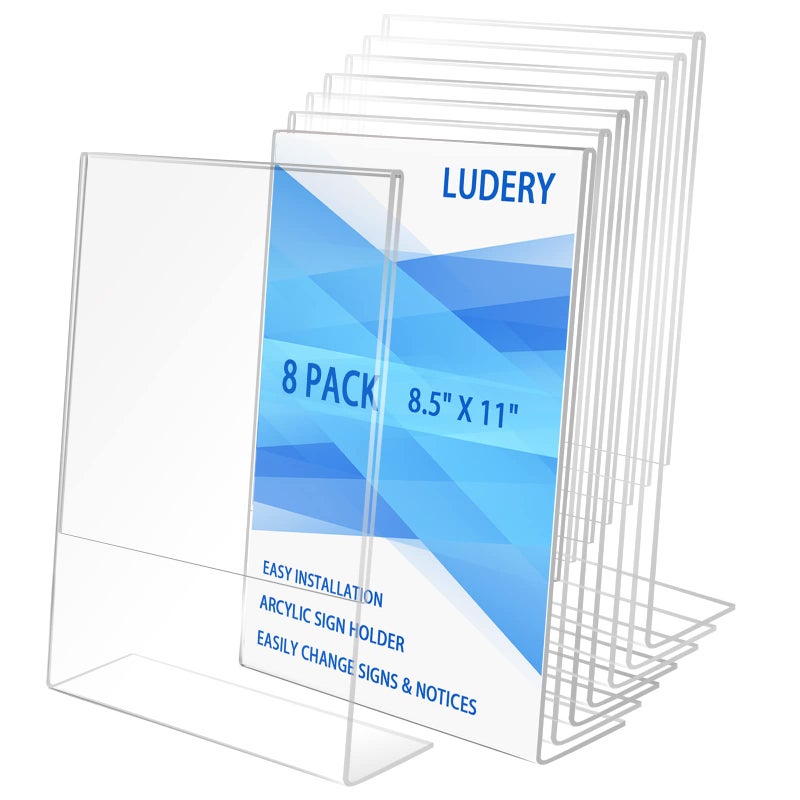 Ludery 8.5x11 Inches Acrylic Sign Slant Back Holder, Plastic Display Stand,Brochure Holder, Table Top Sign Holder For Office, Home, Store, Restaurant (8pack) - Image 1